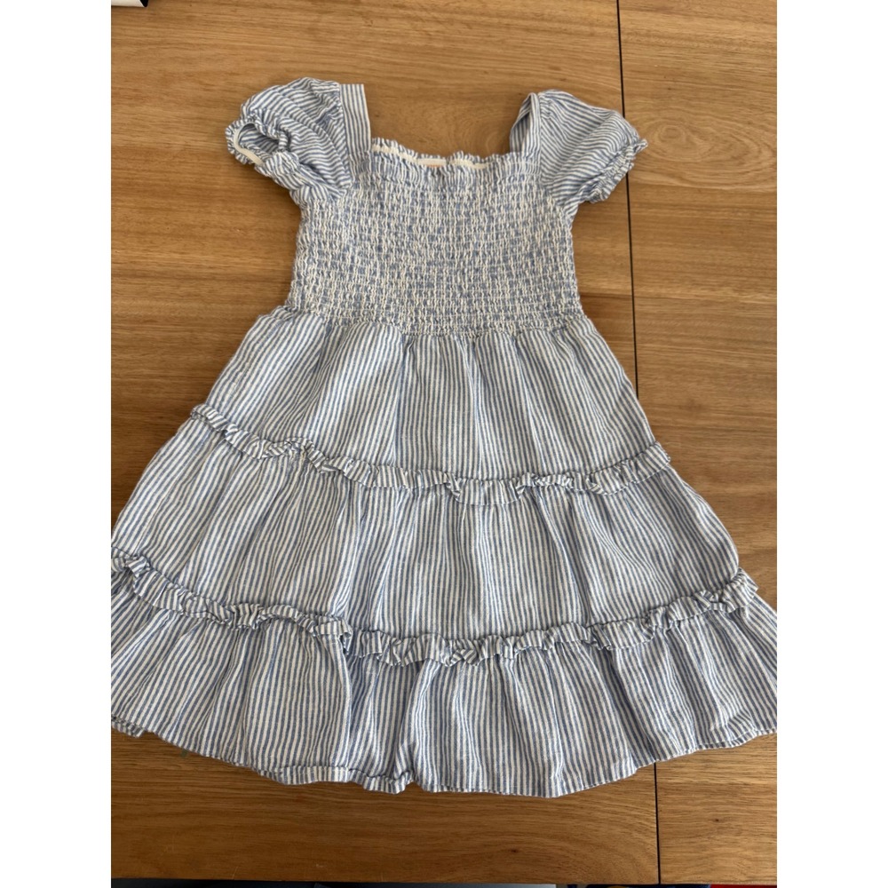 Gymboree Girls Blue White Striped Smocked Tiered Ruffle Linen Blend Dress Size 6